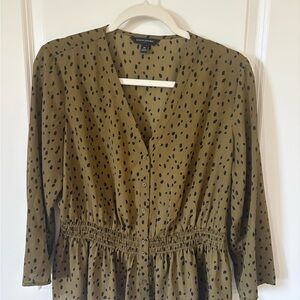 Banana Republic Olive Green Black Dot Smocked Waist Blouse